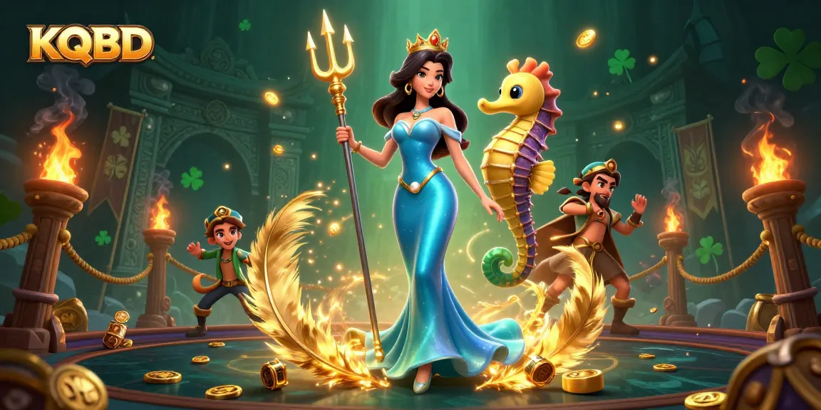 KQBD showcases a stunning underwater scene featuring a woman and a seahorse king amidst treasure tokens and dynamic action, symbolizing thrilling gambling.