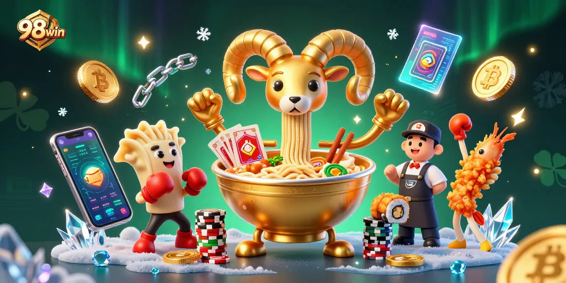 Win big at 98win with this lively casino-themed scene featuring vibrant characters and exciting gambling elements.
