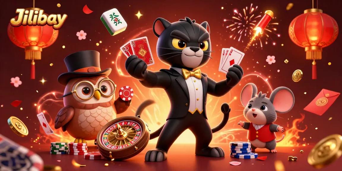 Engage in gaming thrills with Jilibay's vibrant 3D illustration featuring a stylish black panther dealer.