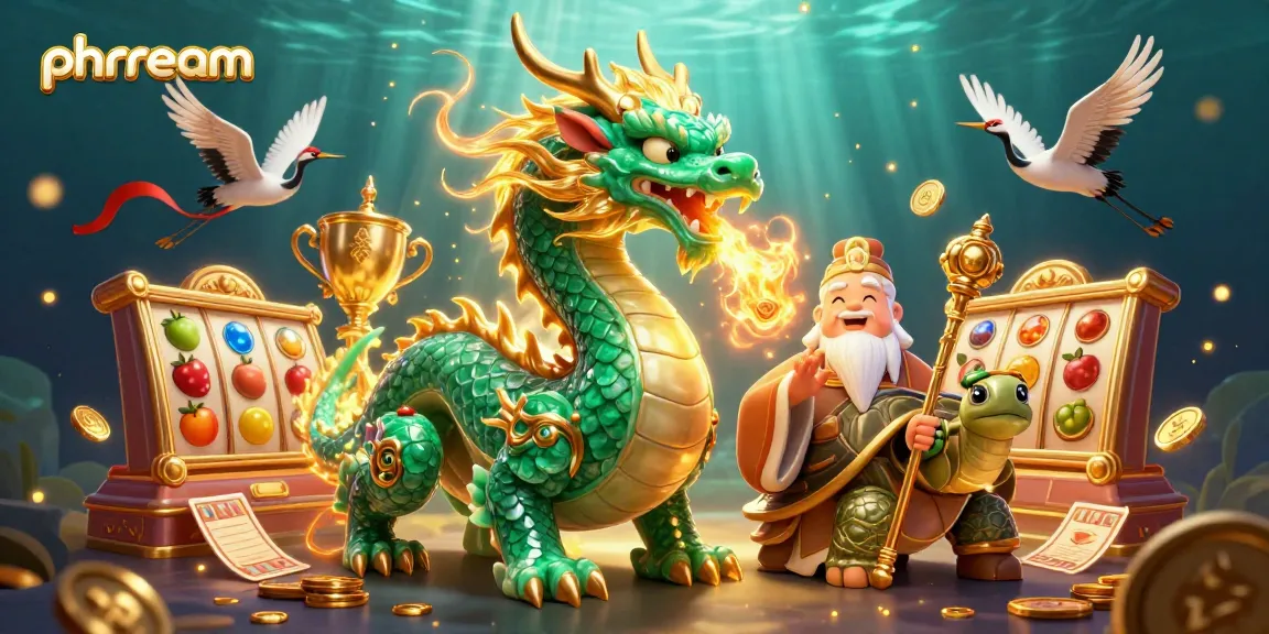 Experience thrilling gameplay at phdream with a vibrant dragon, turtle, and cranes in a captivating casino scene