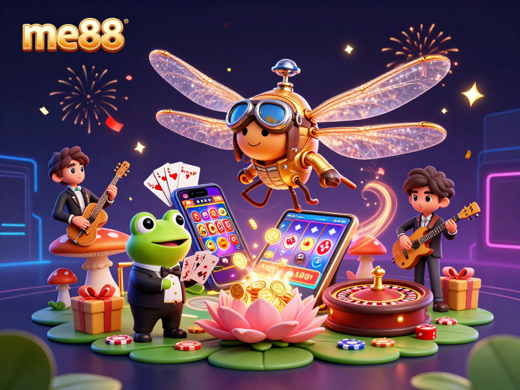 Play and win at me88 with colorful slot games and vibrant casino elements in this lively scene.