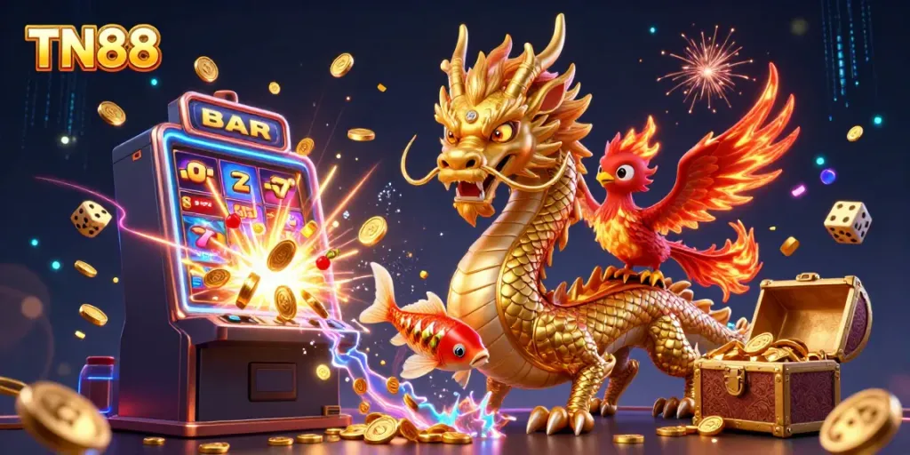Experience thrilling TN88 gaming with a dynamic scene of a dragon, phoenix, and koi fish amid casino riches.