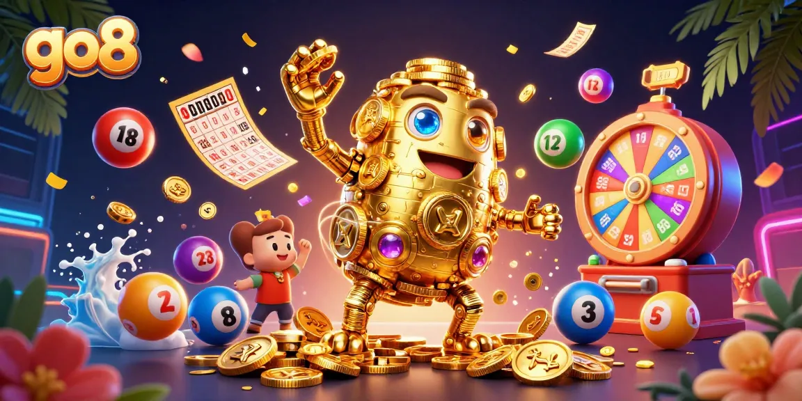 Spin and win with go8's golden golem surrounded by lottery balls and exciting casino elements.