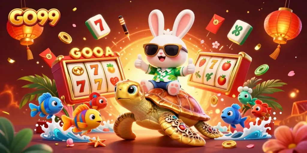 Celebrate wins with GO99's vibrant casino world featuring lucky rabbit and golden turtle.
