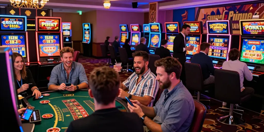 Excited players engaging in fun games at USA online casinos with vibrant lights and digital displays.