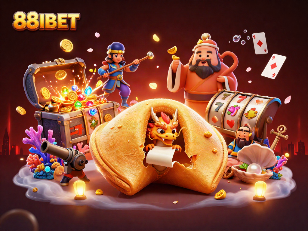 88IBET showcases a vibrant casino scene with a golden fortune cookie, wise dragon, and slot reels bursting with excitement.