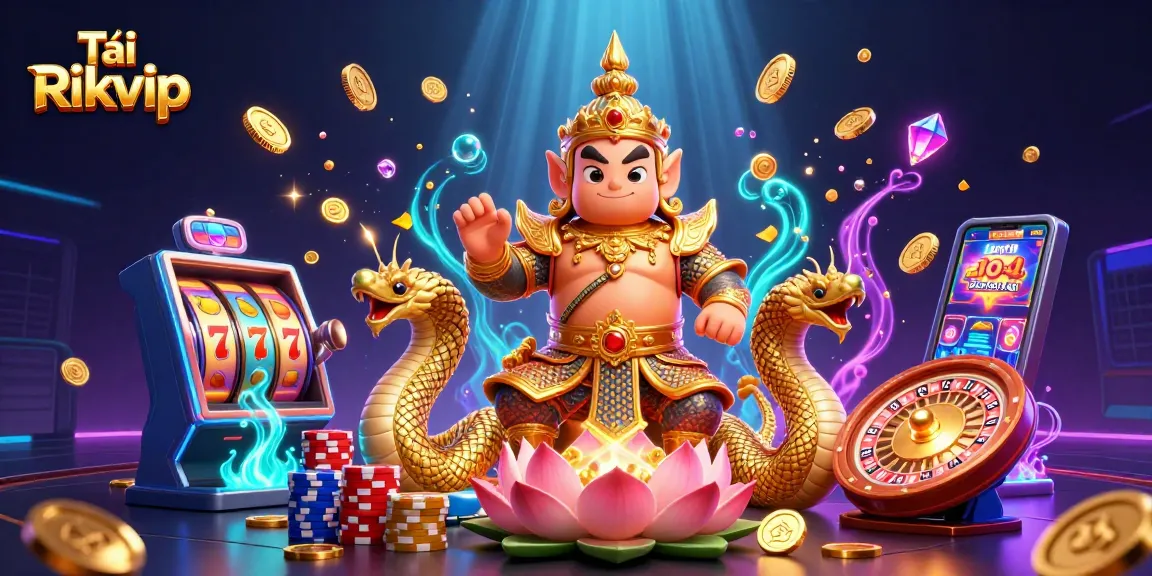 Tải Rikvip and play exciting games with the vibrant scene of Thai guardian, coins, and slot machines