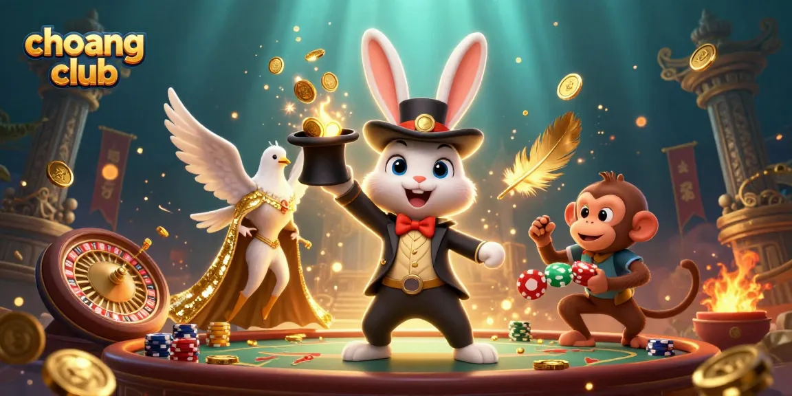 Engage with the magic of choang club featuring a rabbit, dove, and monkey in a vibrant casino scene.