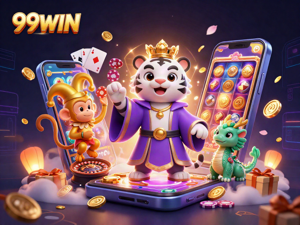 Win big with 99WIN at this vibrant casino-themed illustration featuring playful characters and gaming elements.