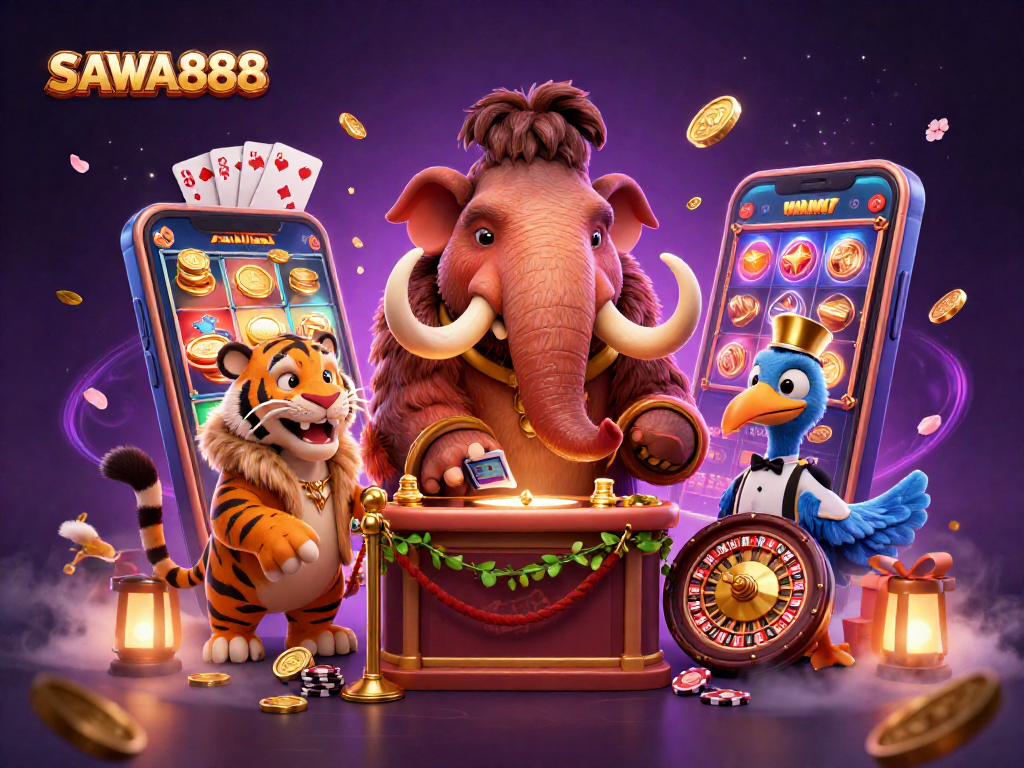 Experience the excitement of SAWA888 with a vibrant casino scene featuring unique characters and slot games.