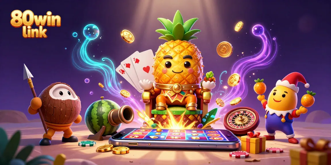 Engage with 80win link in a vibrant scene featuring a golden pineapple king and dynamic casino elements.