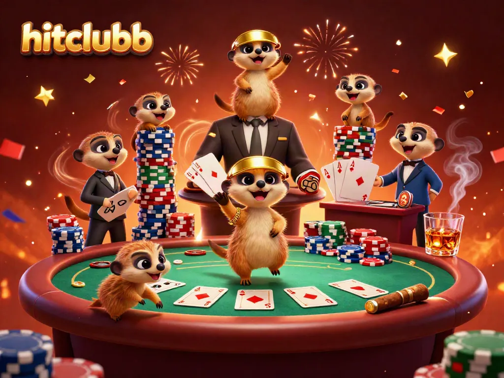 Hitclubb meerkats running a vibrant casino with poker elements and celebration effects.