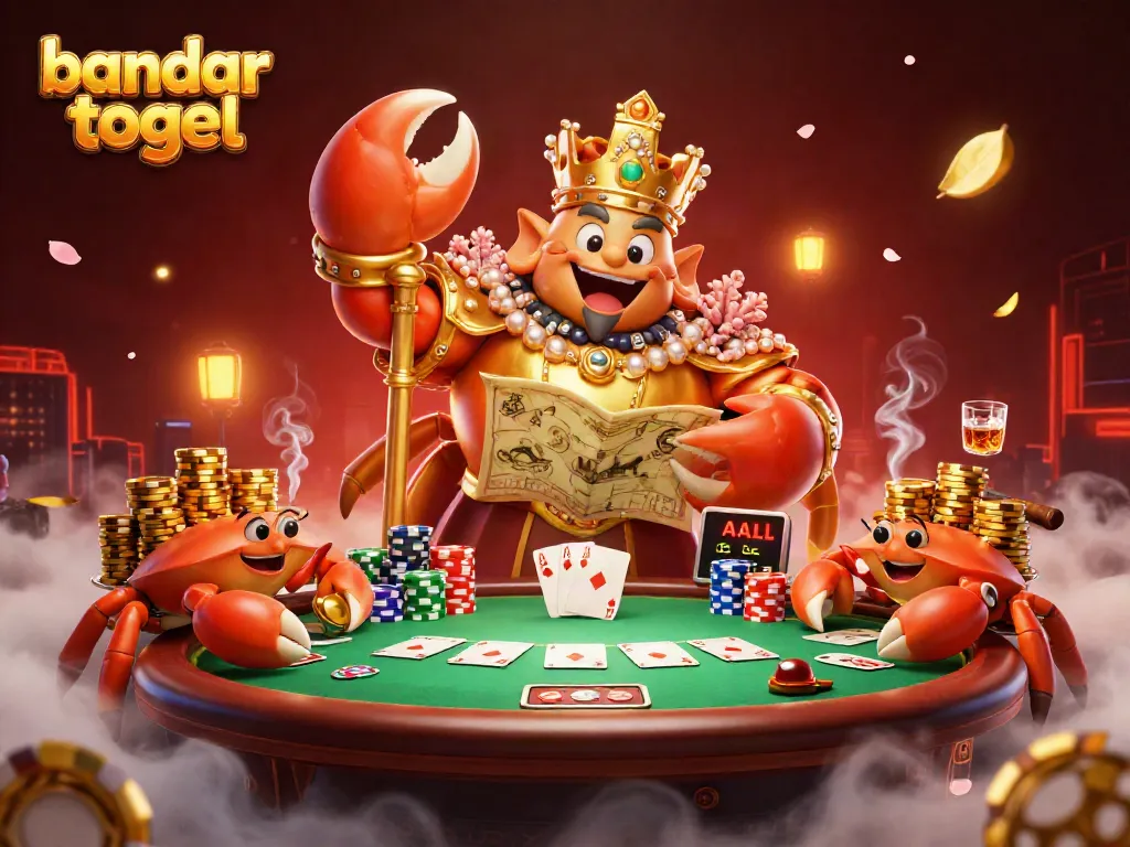 Experience the excitement of bandar togel with a vibrant 3D crab king and poker scene.