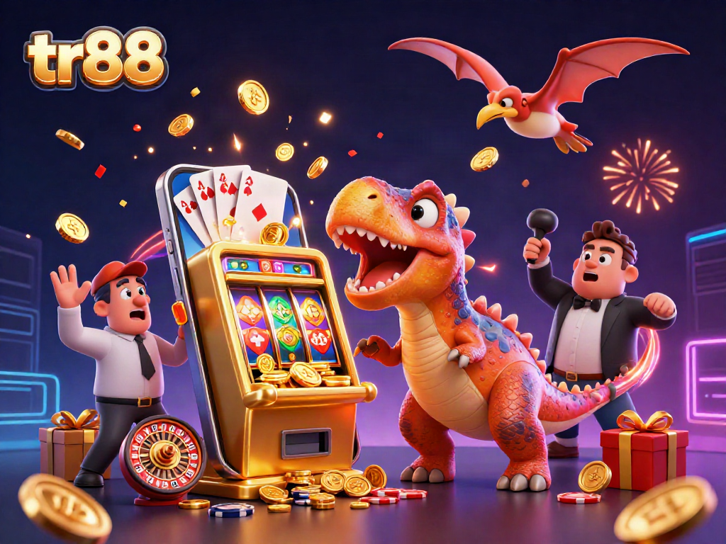 tr88 slots in action as a pachycephalosaurus headbutts a golden slot machine for jackpot coins
