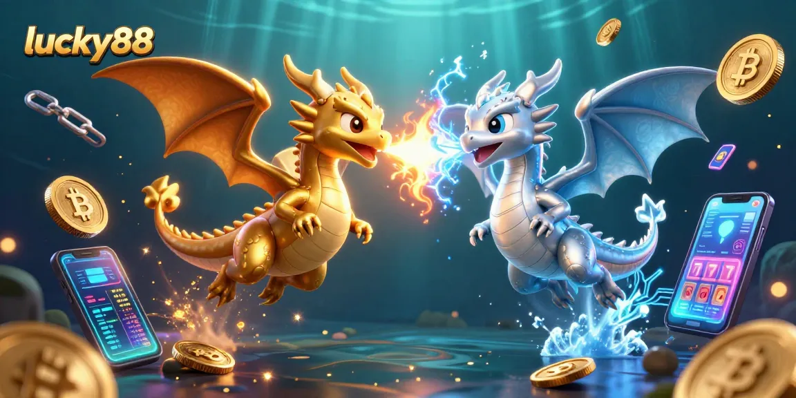 Play lucky88 slots with dynamic dragons amid crypto elements and vibrant lighting