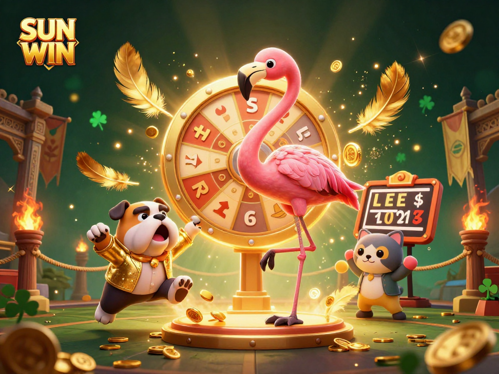 Join the excitement at SUN WIN with a vibrant 3D casino scene of a flamingo host and bulldog contestant.