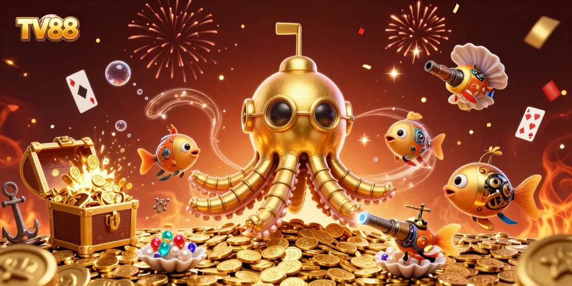 Win big at TV88 with a dynamic underwater scene featuring a golden kraken submarine and treasure!