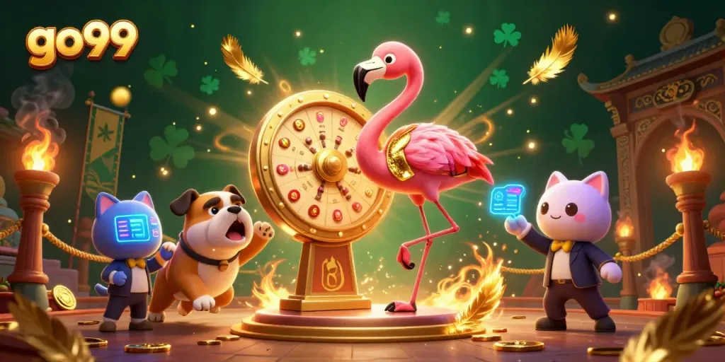 Experience thrilling games at GO99 with a playful flamingo host and an excited bulldog contestant.