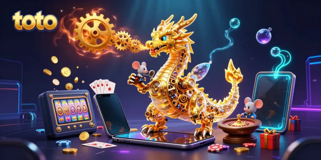 Engage with toto's thrilling world through a dynamic casino scene featuring a golden dragon and gaming elements.