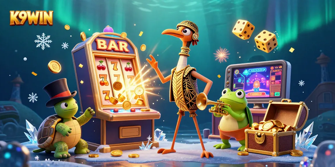 K9WIN casino gameplay scene featuring colorful slot machines, characters, and festive elements.