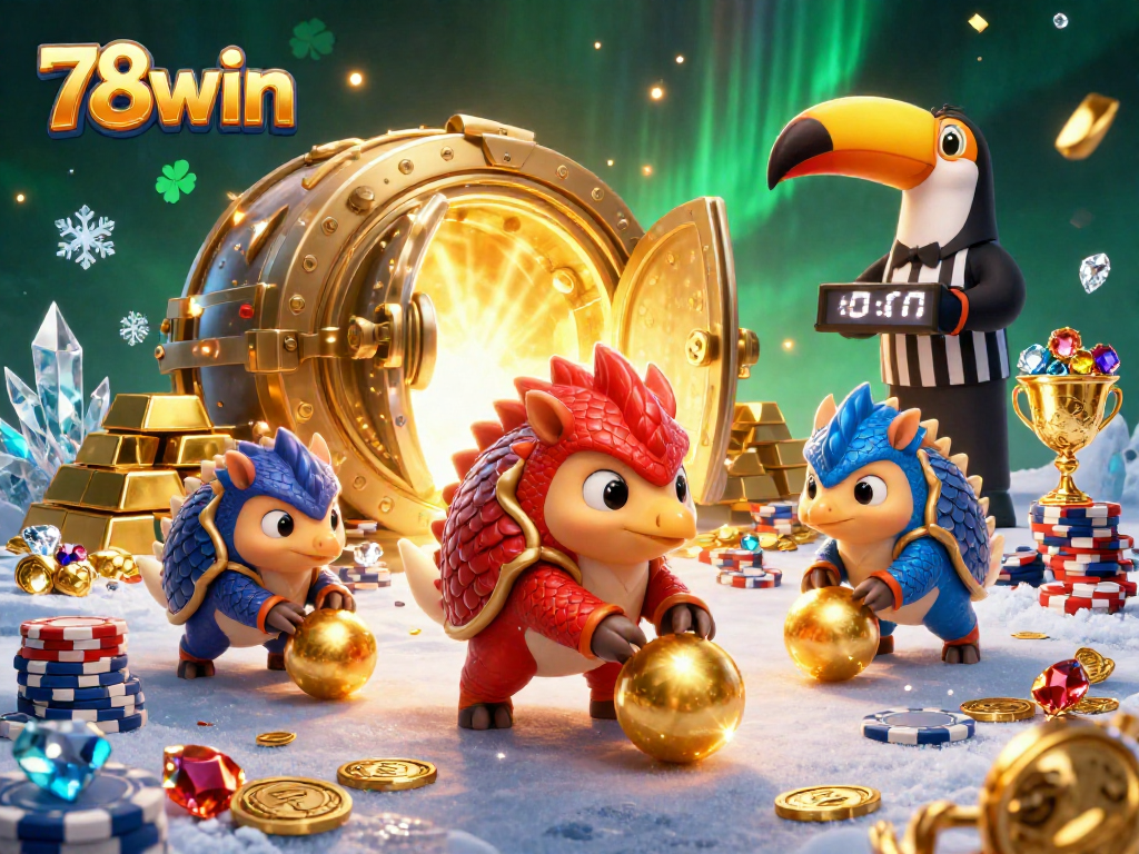 Experience dynamic 78win casino action with cartoon pangolins competing amidst piles of poker chips and treasure.