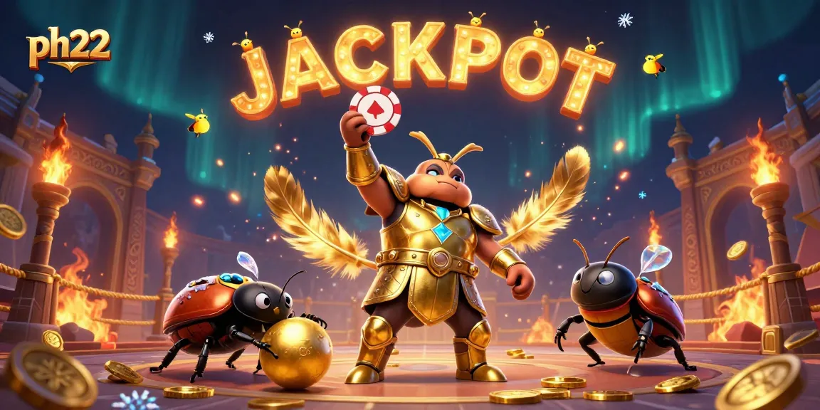 Witness ph22's exciting jackpot scene where a heroic beetle celebrates wins amidst golden treasures and magical effects.