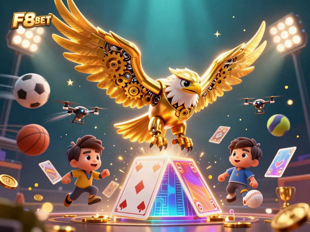 Engage in thrilling moments with F8BET as a golden eagle navigates through holographic cards and sports elements in a dynamic casino scene.