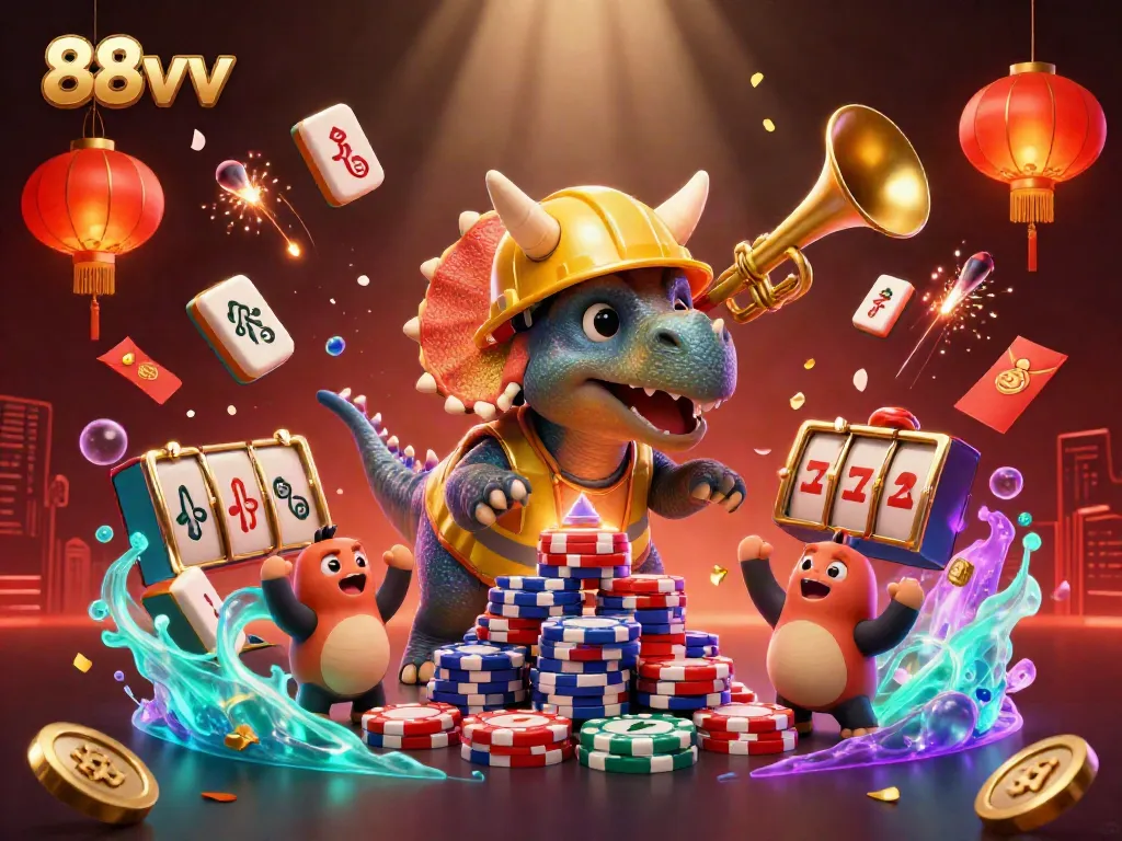 Experience exciting gameplay at 88vv with cartoon dinosaurs celebrating in a casino environment.