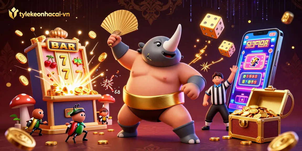 Experience the thrilling action at tylekeonhacai-vn with a beetle sumo champion amidst vibrant casino games!