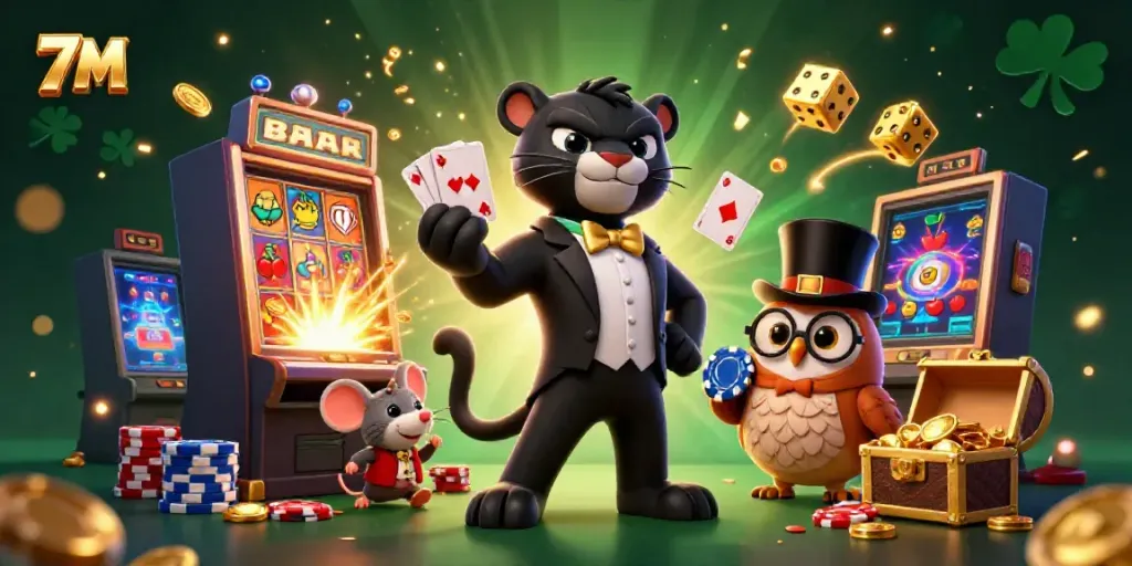 Experience thrilling 7M gaming action with a stylish panther, owl, and lucky mouse in a vibrant casino atmosphere.
