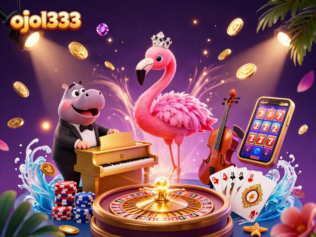 Experience slots thrills with ojol333, featuring vibrant flamingo performers and dynamic casino elements.