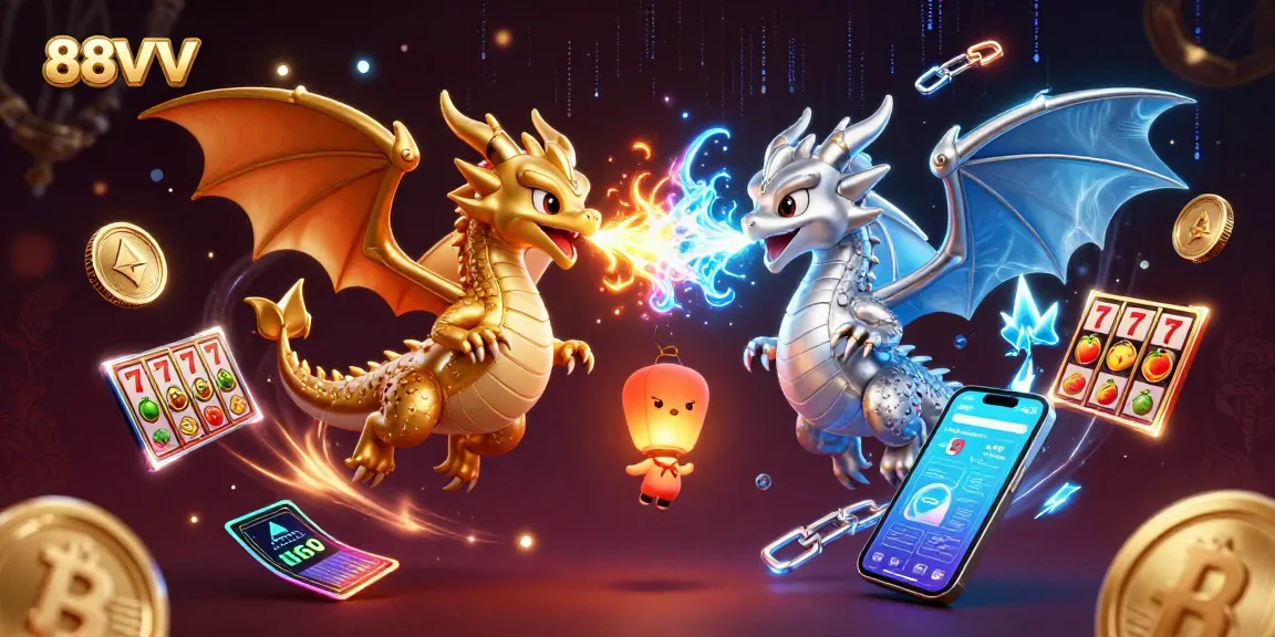 Play exciting games at 88VV, featuring golden and silver dragons amidst a vibrant casino theme.