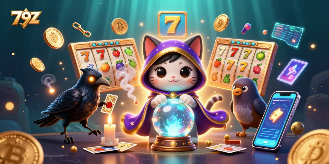 Experience thrilling wins at 79Z with a cartoon mystic cat and tarot raven amidst vibrant slot reels.