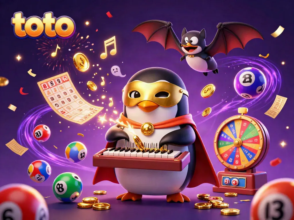 Experience the thrill of toto with a dynamic 3D illustration of a penguin organist and festive gaming elements.