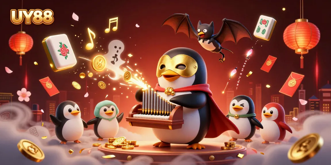 Experience UY88 with a vibrant 3D illustration of a penguin playing a musical organ, coins flowing with festive decorations.