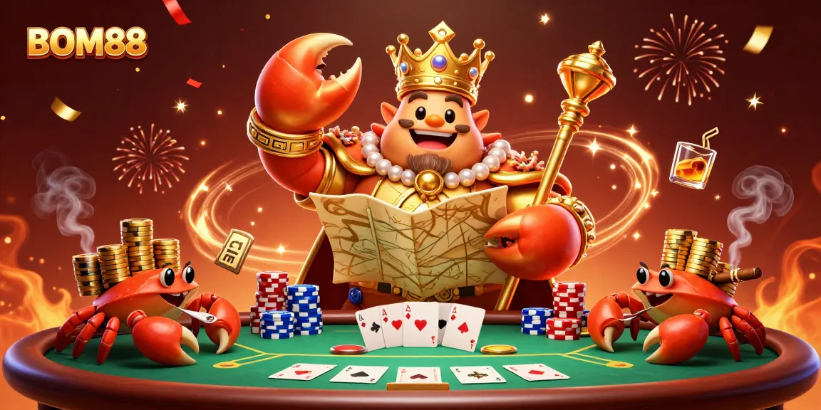 BOM88 brings excitement to online gaming with a vibrant 3D scene of a golden crab emperor and party elements.