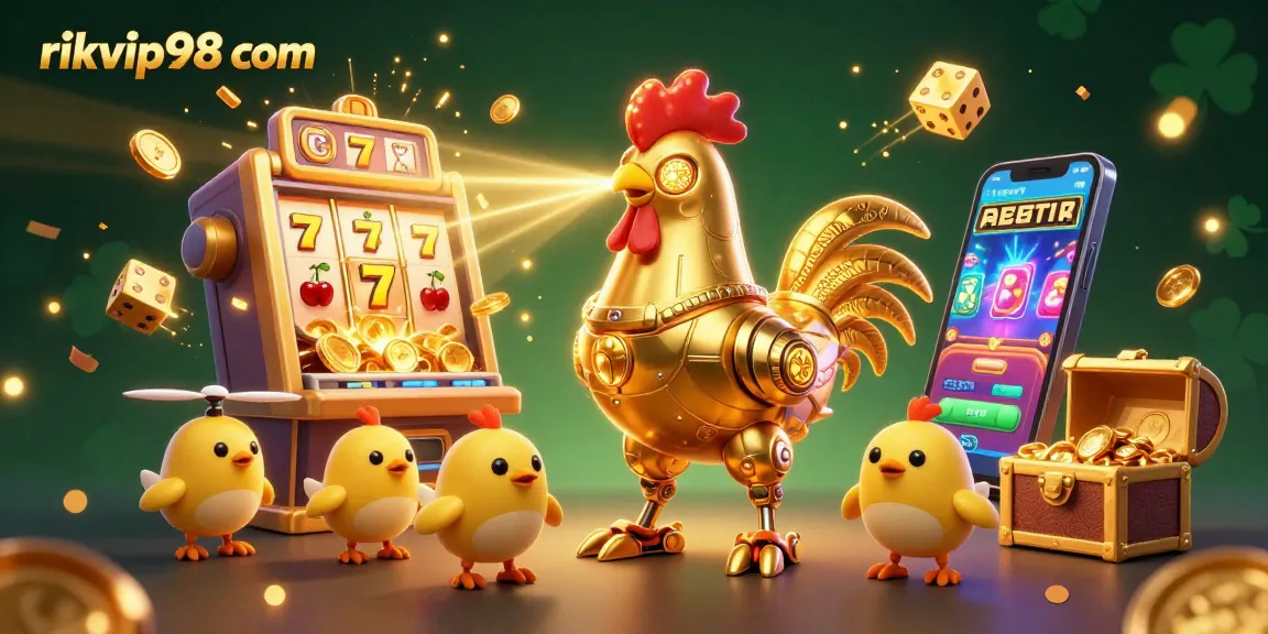 Experience the thrill of rikvip98 com with an engaging 3D casino scene featuring retro-futuristic characters and vibrant slot games.
