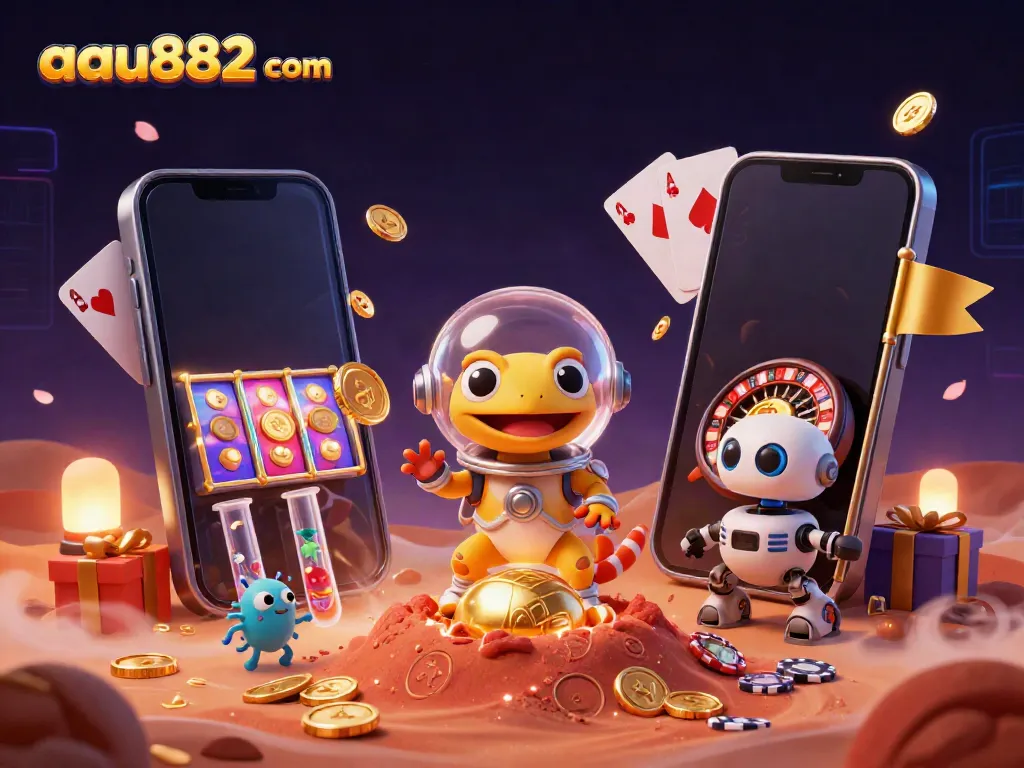 Engage with the vibrant excitement of aau882 com featuring a Martian gecko discovering a golden casino.