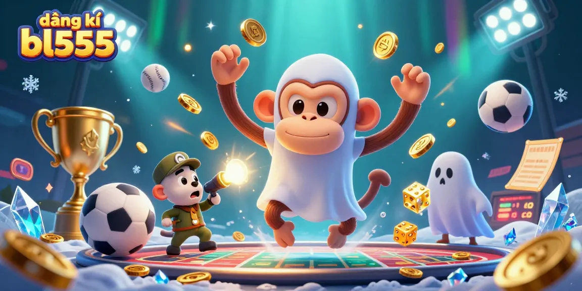 Engage with the excitement of gambling by đăng kí bl555, featuring a poltergeist monkey juggling coins and sports elements.