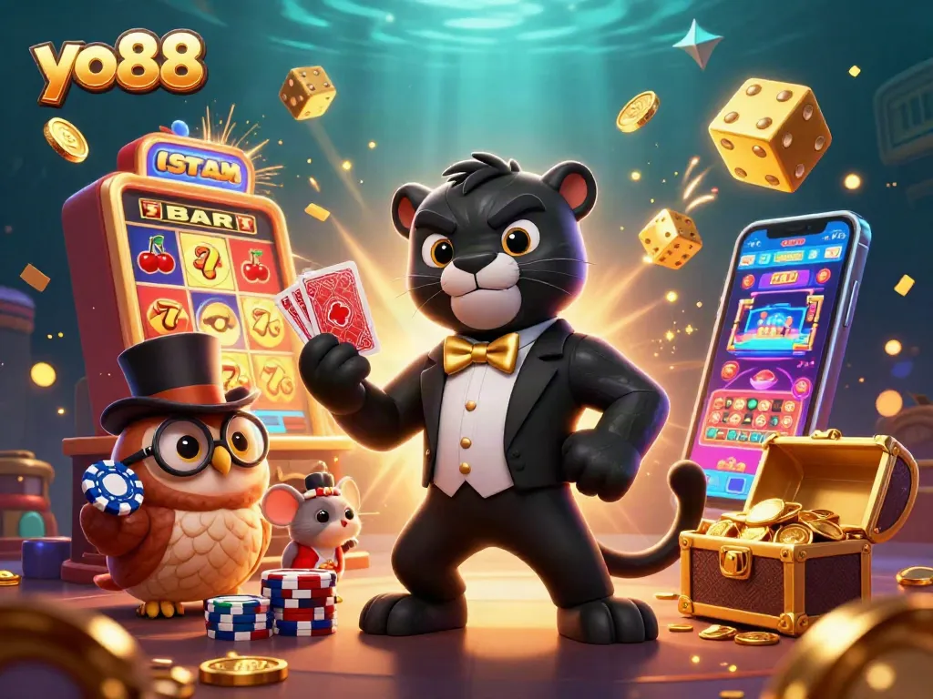 Win big at yo88 with an exciting 3D scene featuring a stylish black panther dealer and casino elements.