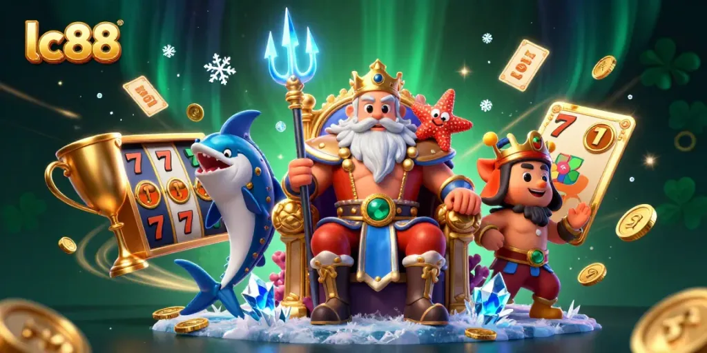 Experience the excitement of lc88 with vibrant slot reels and dynamic casino elements in a vivid 3D illustration.