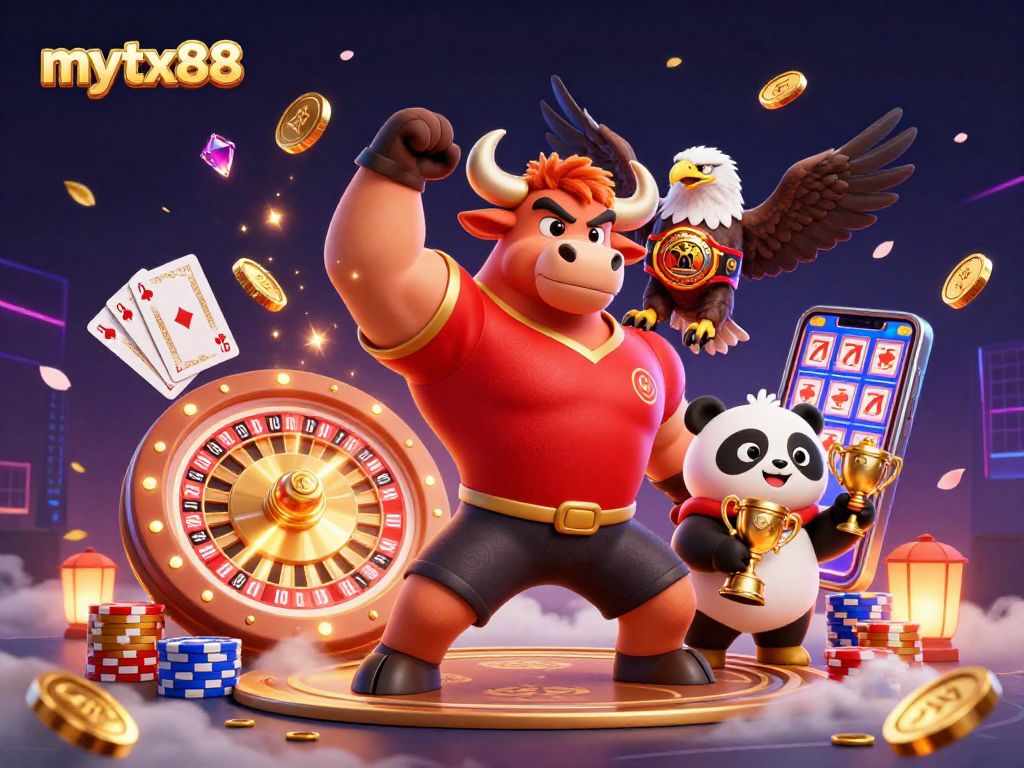 Witness the excitement of mytx88 as the lively bull mascot and friends celebrate wins in a vibrant casino scene.