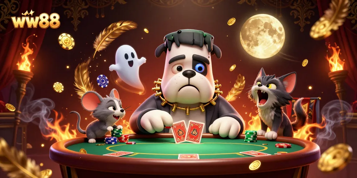 Engage in thrilling poker action with the lively ww88 cartoon characters at a spooky table surrounded by vibrant casino elements.