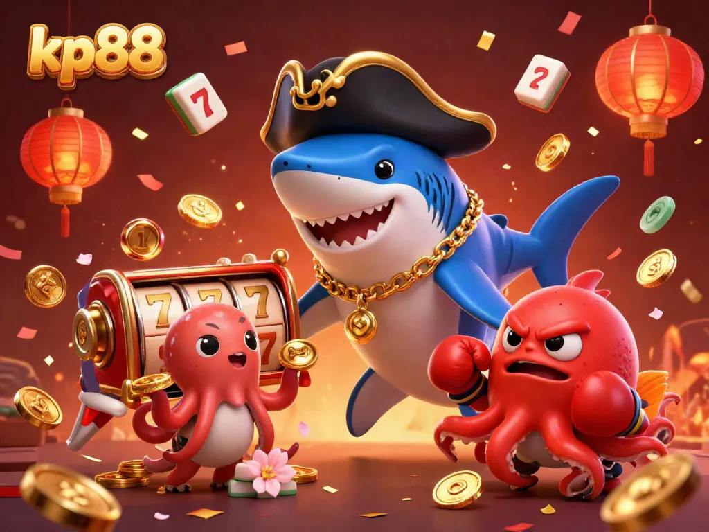 Spin the reels with kp88's colorful prizes, featuring a fun pirate shark and friends in a celebration!