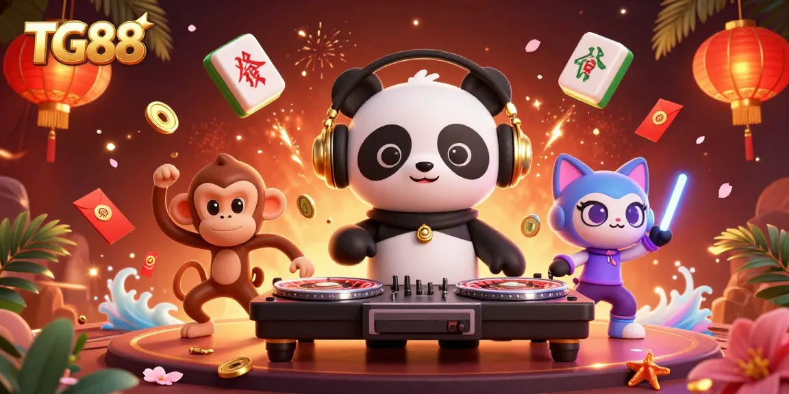 TG88 brings excitement with a DJ panda, dancing monkey, and kitten amidst vibrant casino elements.
