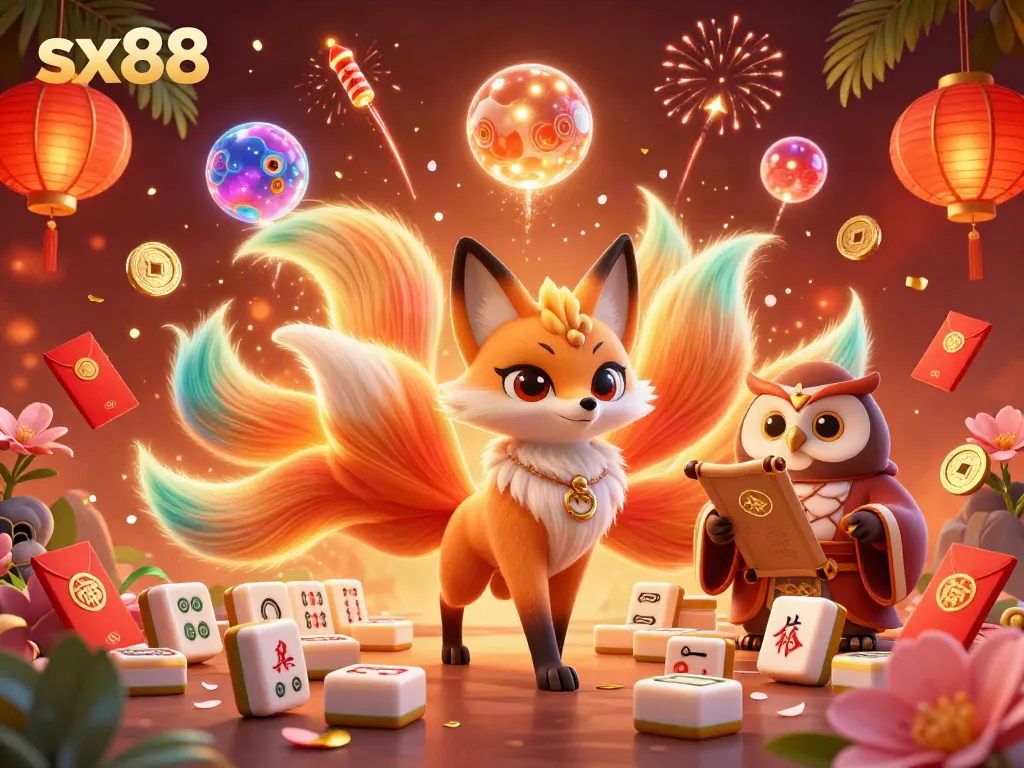 Sx88 gaming scene featuring a vibrant nine-tailed fox spirit, wise owl, and colorful elements in a rich casino atmosphere.