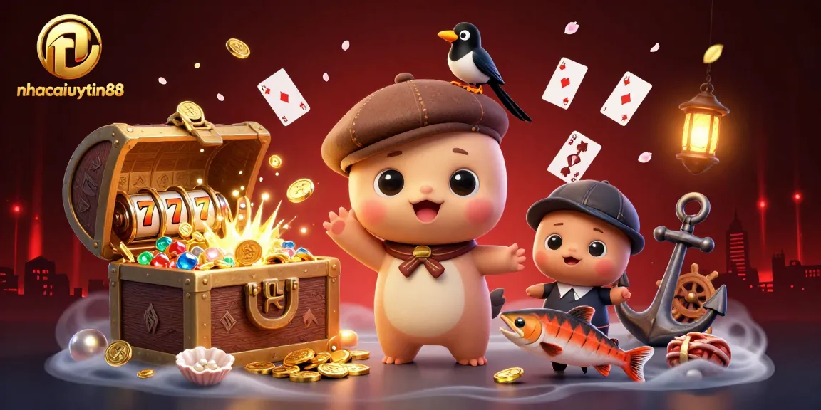 Spin the reels with nhacaiuytin88 in a vibrant casino scene featuring playful characters and treasures.