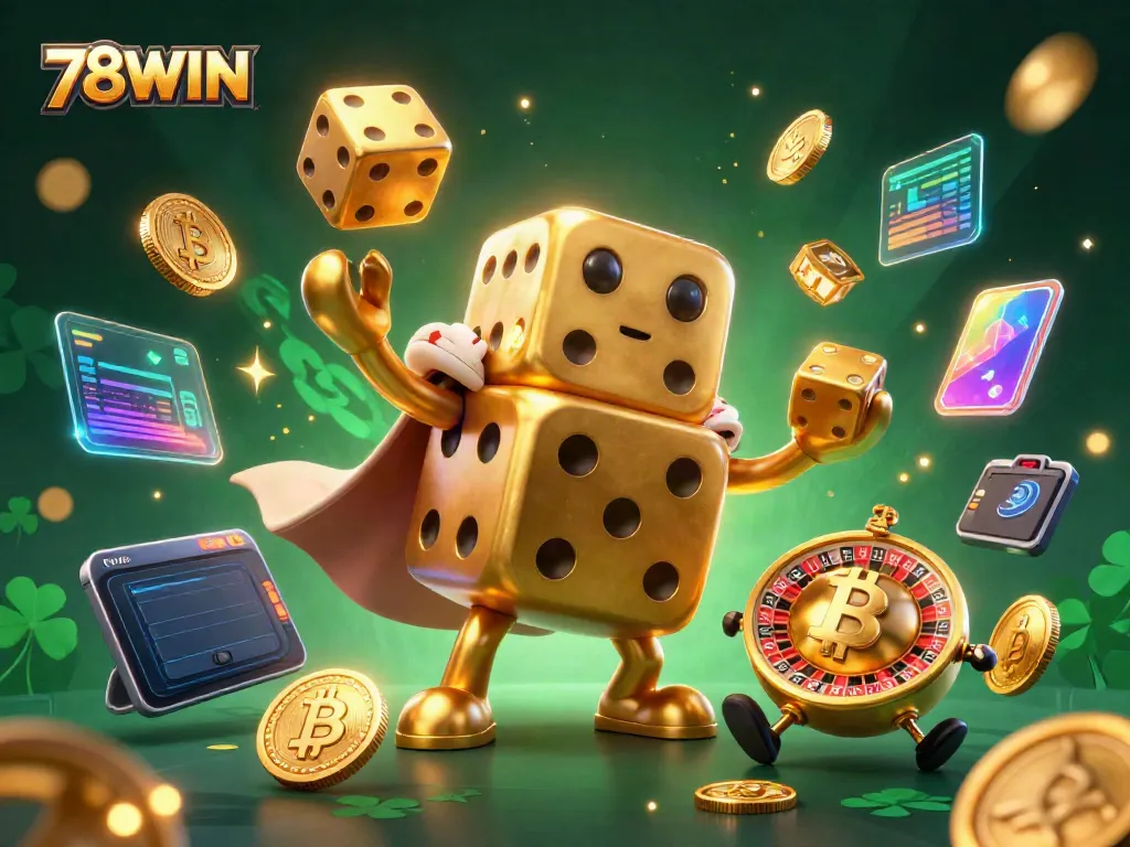 Engage with 78WIN in an energetic 3D scene featuring a golden dice golem juggling, emblematic of thrilling online gambling.