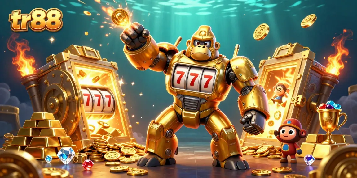 Experience thrilling jackpots with tr88, featuring a golden gorilla mech and shining treasures.
