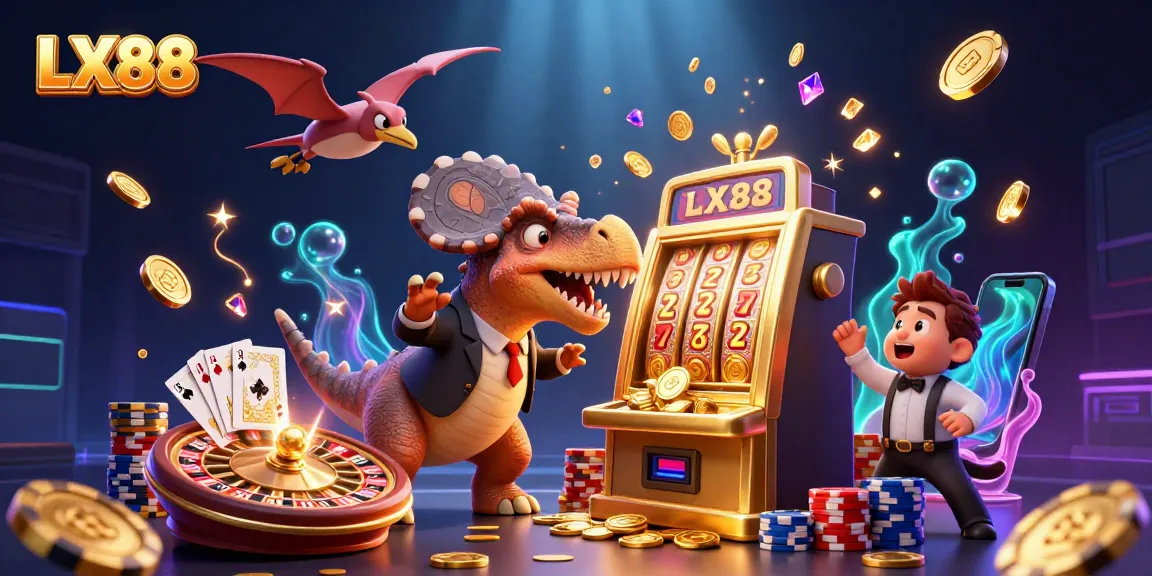 LX88 brings excitement as a dinosaur hits a slot machine, coins cascades in this vibrant casino scene.
